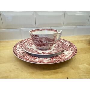 Tea Cups Red Pink Royal Staffordshire England Alfred Meakin TONQUIN TRIO rare